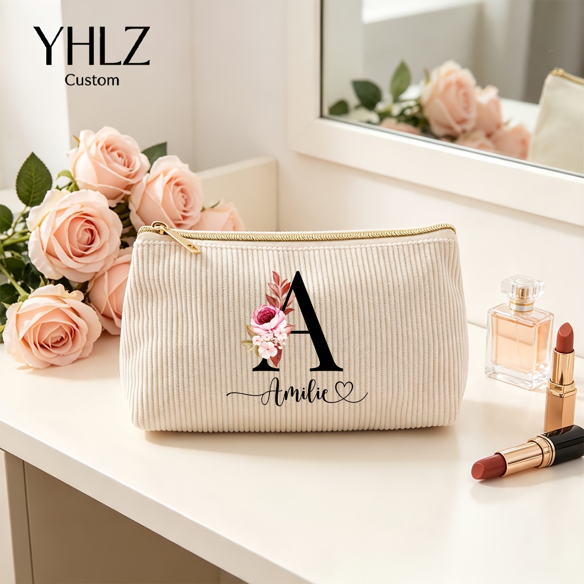 TEMU 1pc Personalized Floral Letter Women's Corduroy Makeup Bag, Customizable Name Gift, Sturdy And Durable Large-capacity Student Pencil Case With