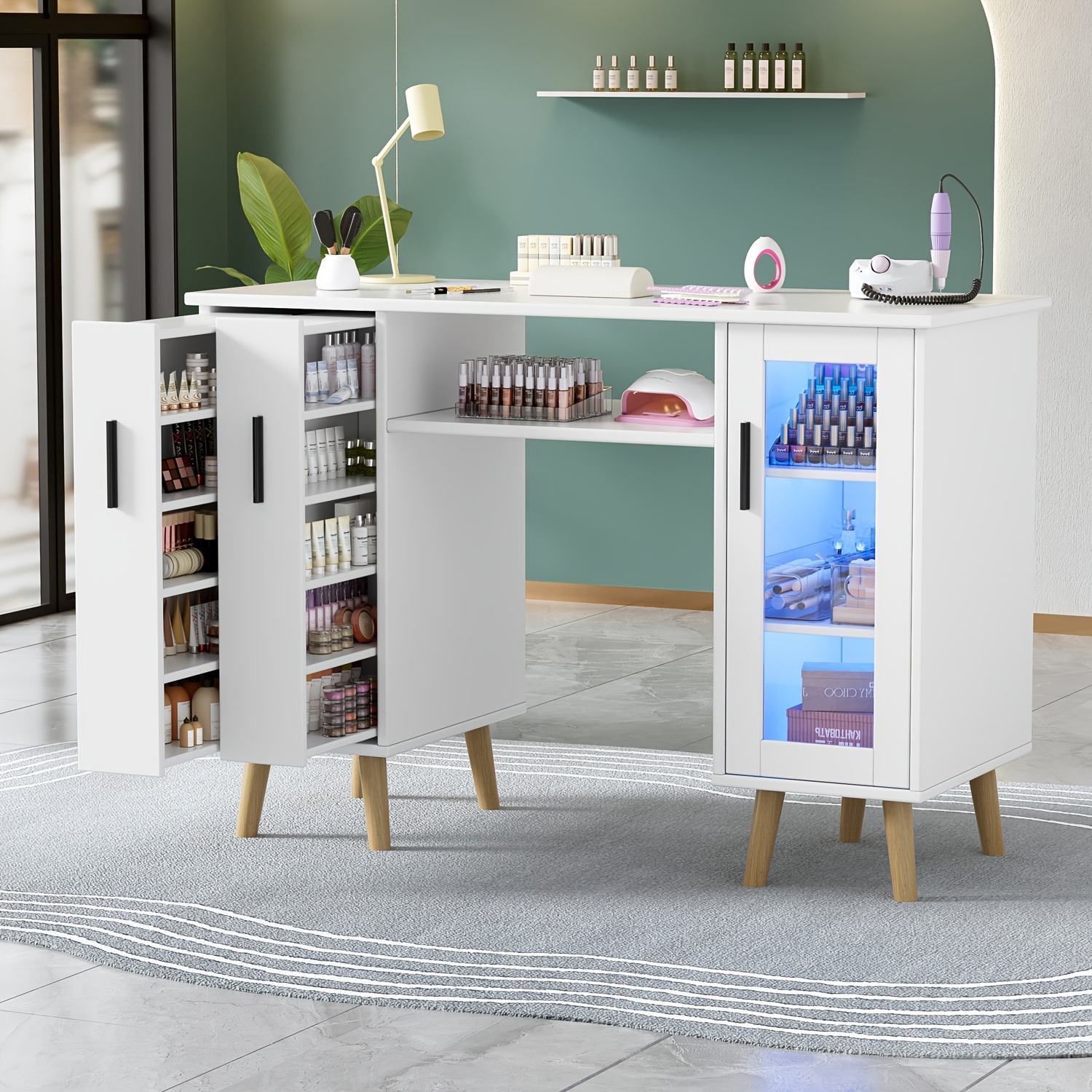 Image of For Nail Salon Worktable, Office Desk, Wooden For Nail Table, With 2 Vertical Pull-out Cabinets And 1 Three-tier Cabinet, Suitable For Nail Salons, Beauty Salons, Offices, And Studies, White