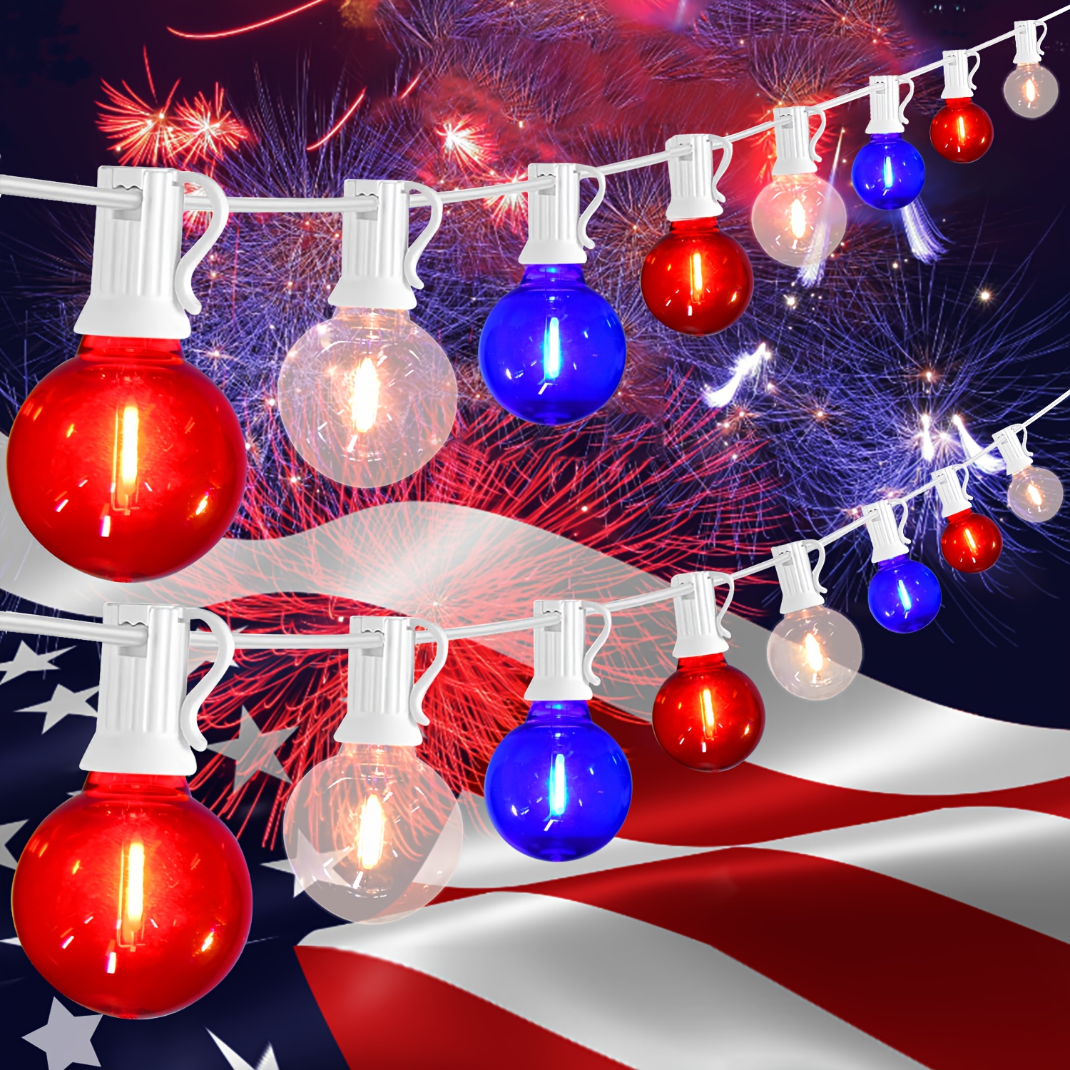 TEMU 50ft G40 Lights, July 4th Decorative Lights Plug-in, With 25+3 Led Bulbs, Patriotic Decoration Indoor Outdoor String Lights, Ip44, Suitable For Party Patio Garden Bistro Day Memorial Day