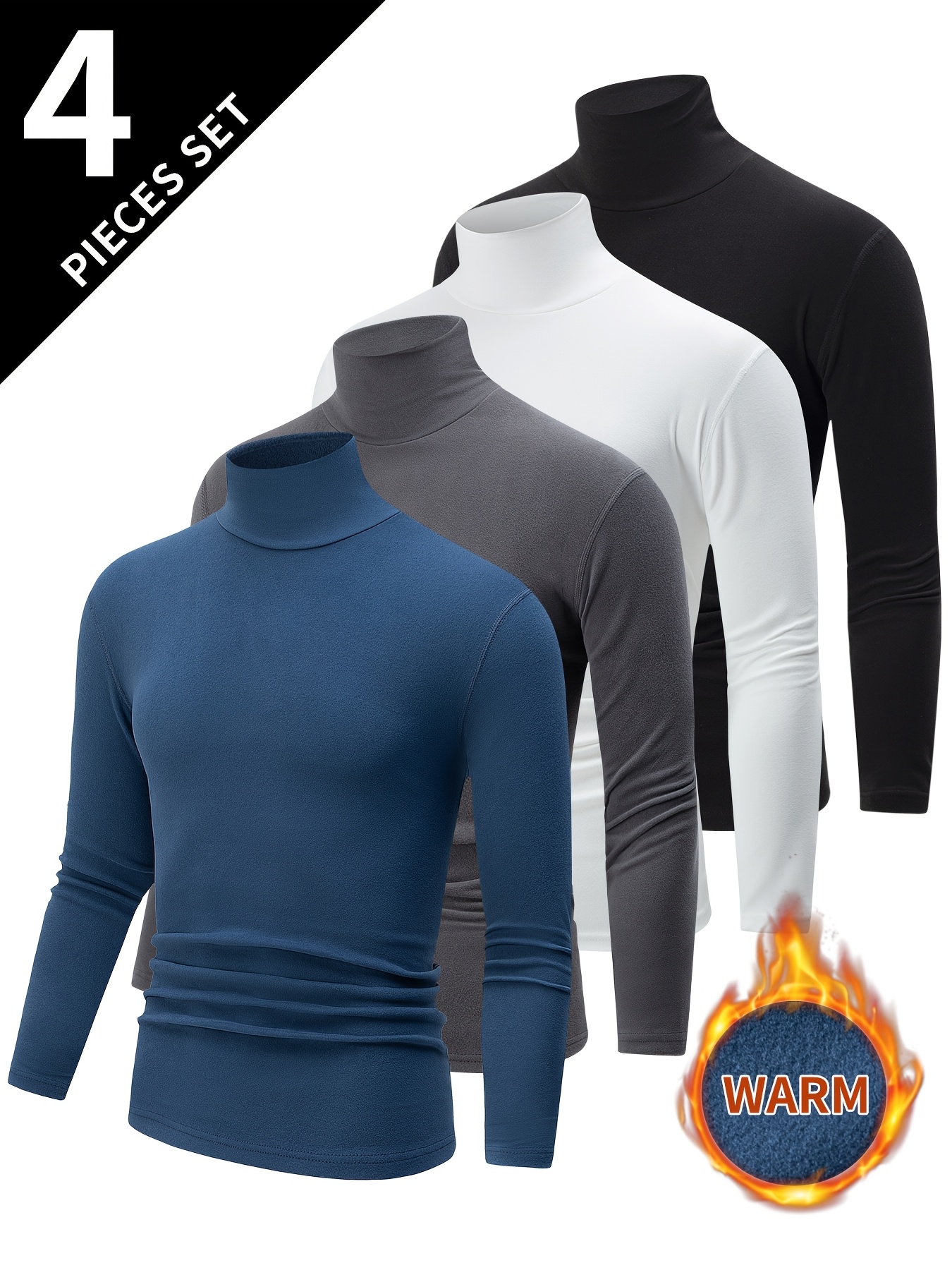 item picture 4pcs set mens double sided turtleneck long sleeve t shirt autumn winter lapel thickened warm casual inner layer brushed base layer sweatshirt top