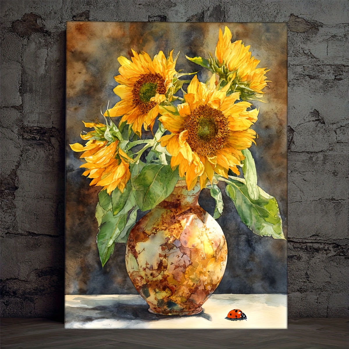 TEMU 2d Flat, 1pc Van Gogh Sunflowers Watercolor Art Print - 30.48x40.64cm Unframed Reproduction Ladybug & Rusted Vase, Hand-painted-look Muted Green