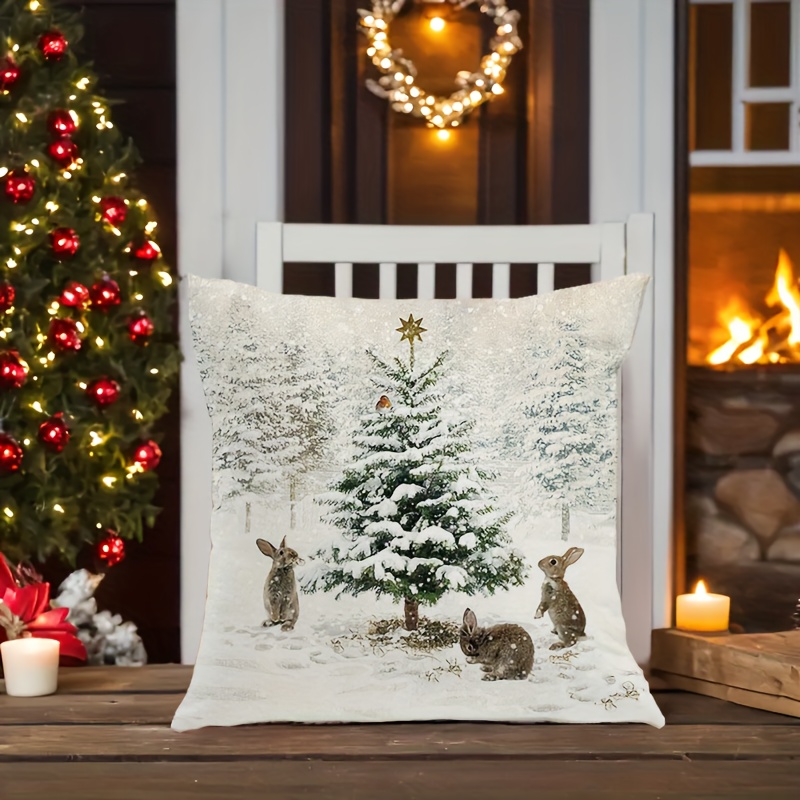 

Christmas Throw Pillow Cover 1pc, Country-rustic Style, Snowy Christmas Tree And Bunny Print, Winter Landscape Cushion Case, Decor, Machine Washable, Zippered, Polyester, 18x18 Inches