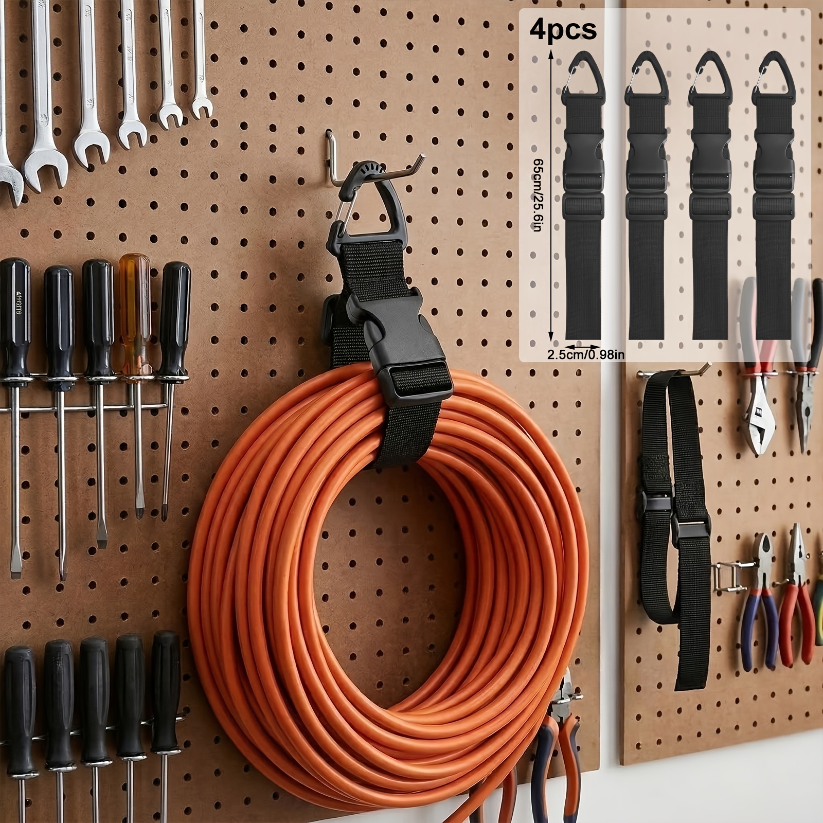 E-shop 4er-Set 2,5 cm robuste, verstellbare Verlängerungskabel-Organizer-Bänder, werkzeuglose Installation, Wandhaken für Garagenorganisation,