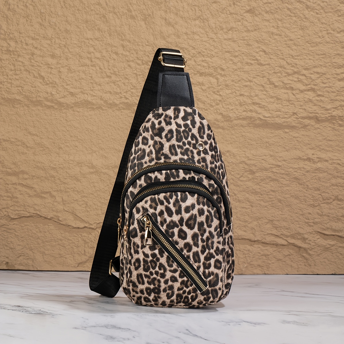 TEMU Women's Vintage Leopard Print Chest Bag, Large Capacity Multi-pocket Crossbody Bag, Fashionable Commuter Outdoor Small Sling Bag