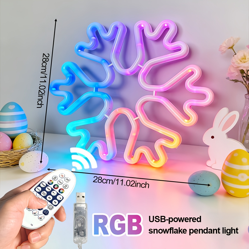 TEMU 1 Rgb Glowing Snowflake Neon Light, Led Snowflake Light, With Remote Control, Usb Plug For Indoor Use, Colorful Fairy Light Suitable For