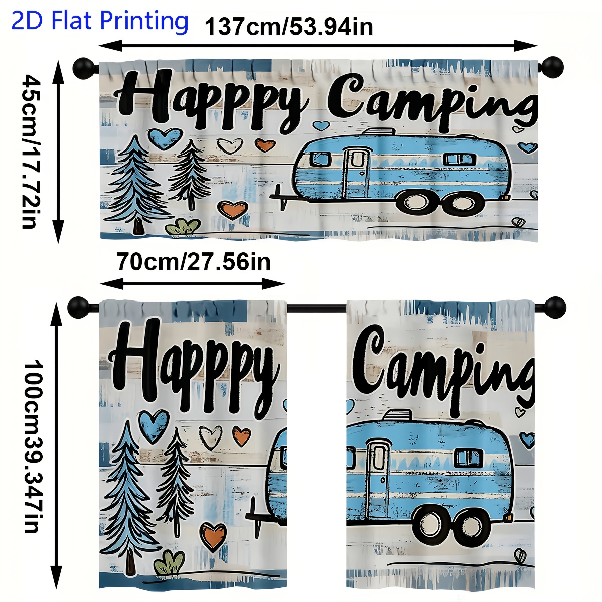 TEMU Juego de cortinas de cocina 2D, juego de 3 piezas con estampado 2D "", de remolque de autocaravana retro con corazones y árboles - para