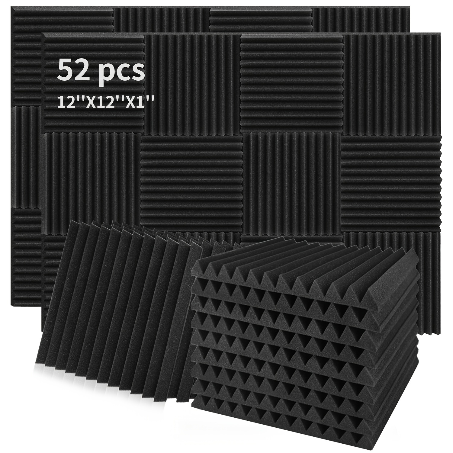 

52pcs Acoustic Foam Panels, Studio Soundproofing Wedges Fire Resistant Sound Proof Padding Acoustic Treatment Foam, For Home, Studio, Office, 1"×12" ×12