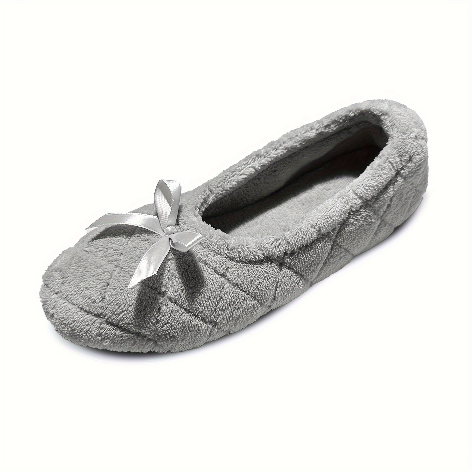 

Elegant Women's Ballerina Slippers - Soft Quilted Terrycloth With Satin Bowknot, Lightweight & Comfortable Indoor Shoes In Grey