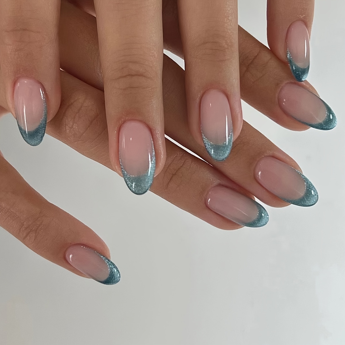 

Blue And Nude Ombre Cat Eye Nail Tips With Sparkling Finish - Short, Almond Shape, Perfect For Everyday Wear