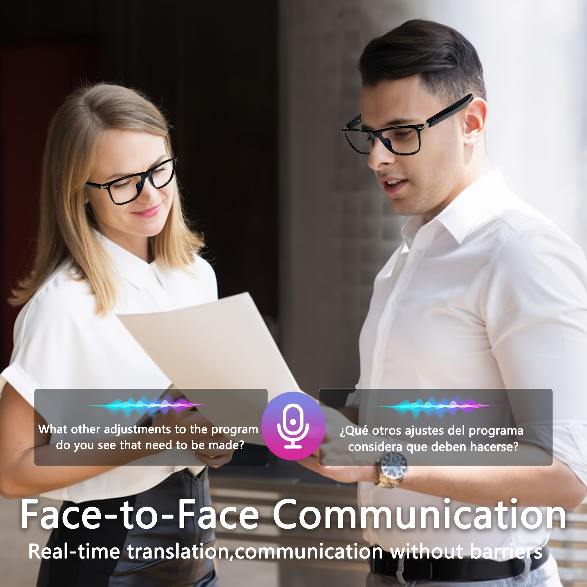 Ochelari inteligenți AI, Ochelari inteligenți cu suport pentru traducere în timp real în peste 100 de limbi, Sistem Chat GPT, PEJE Ochelari audio multifuncționali noi pentru bărbați și femei, cu microfon și difuzor încorporate, Apeluri vocale HD și calitate muzicală HIFI, Redare muzică și apeluri