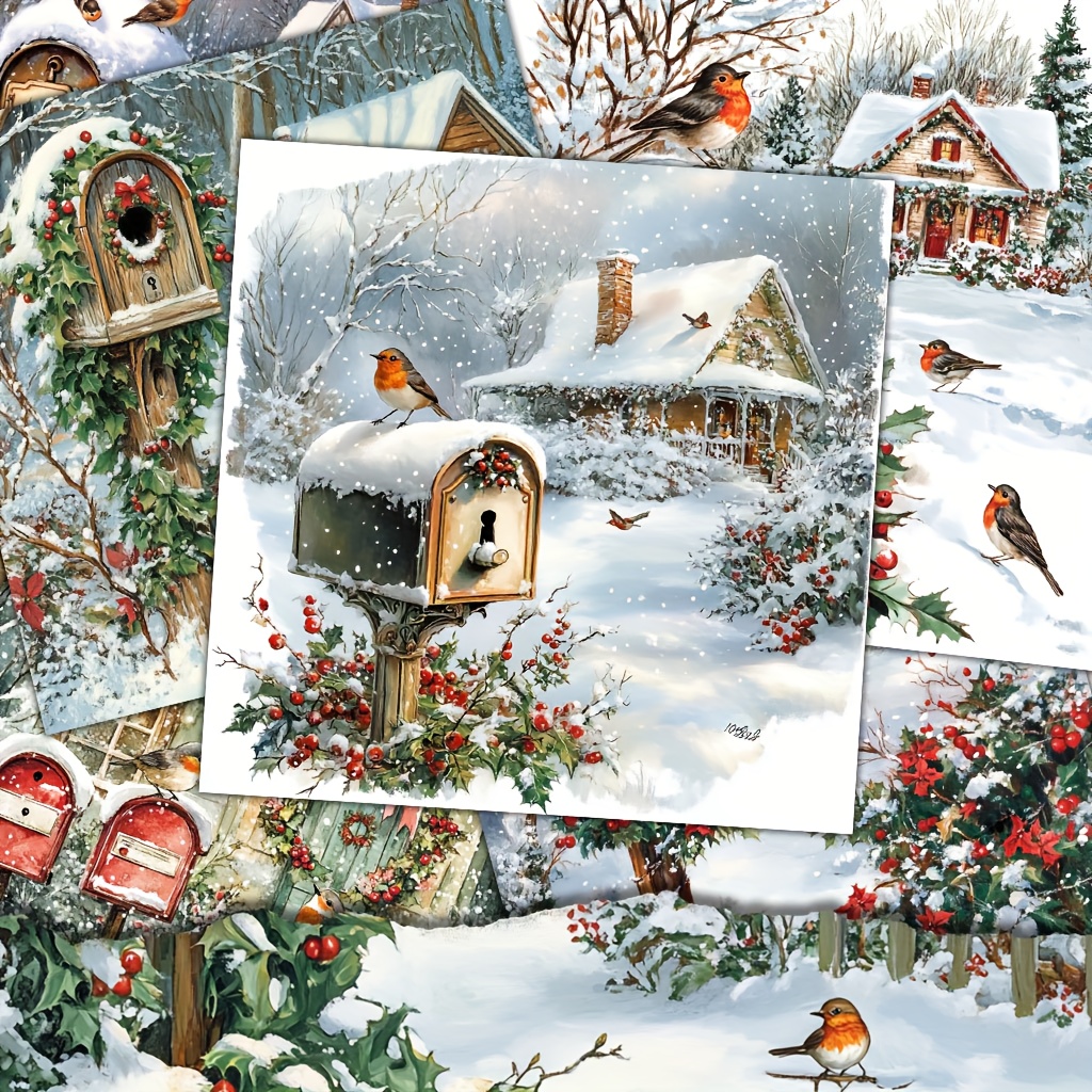 photo de l'article 24 feuilles de papier scrapbooking de noël victorien compatible pour journaux junk, fabrication de cartes &   diy - scènes dhiver victoriennes avec boîte aux lettres rouge, poinsettia, roses, gaufrage en   & texture de neige vieillie - papier de cottage victorien pour collage 24