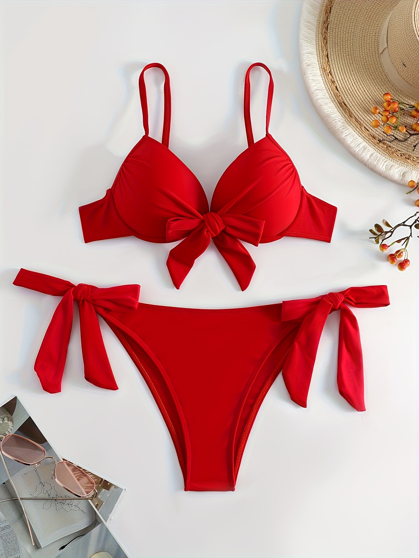 big red gathered hard   bikini set Product details 1