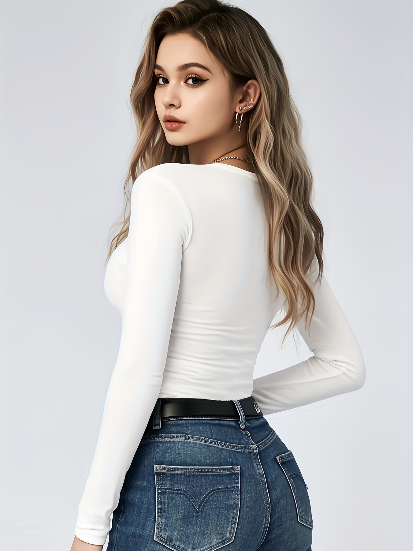 3pcs solid color long sleeve crew neck   casual fitted tee shirts for casual attire and shopping essentials in stretch fabric with machine dry cleaning options white coffee black 2