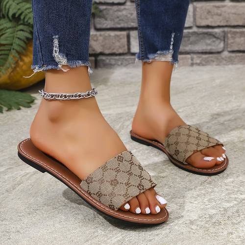 womens summer flat slide monogram sandals large size pattern open toe fabric upper lining pvc sole synthetic insole beach casual wear