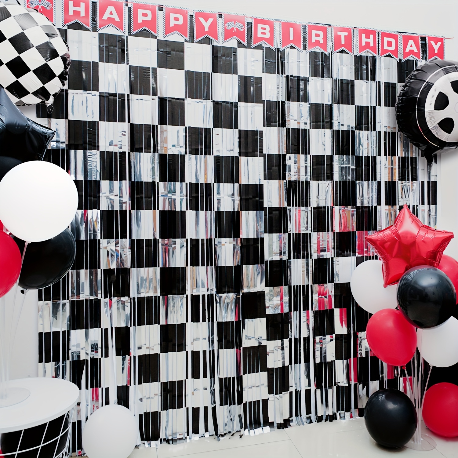 Race Car Party Decorations Set - 3 Checkered Tablecloths & 8 Foil Balloons For Racing Theme