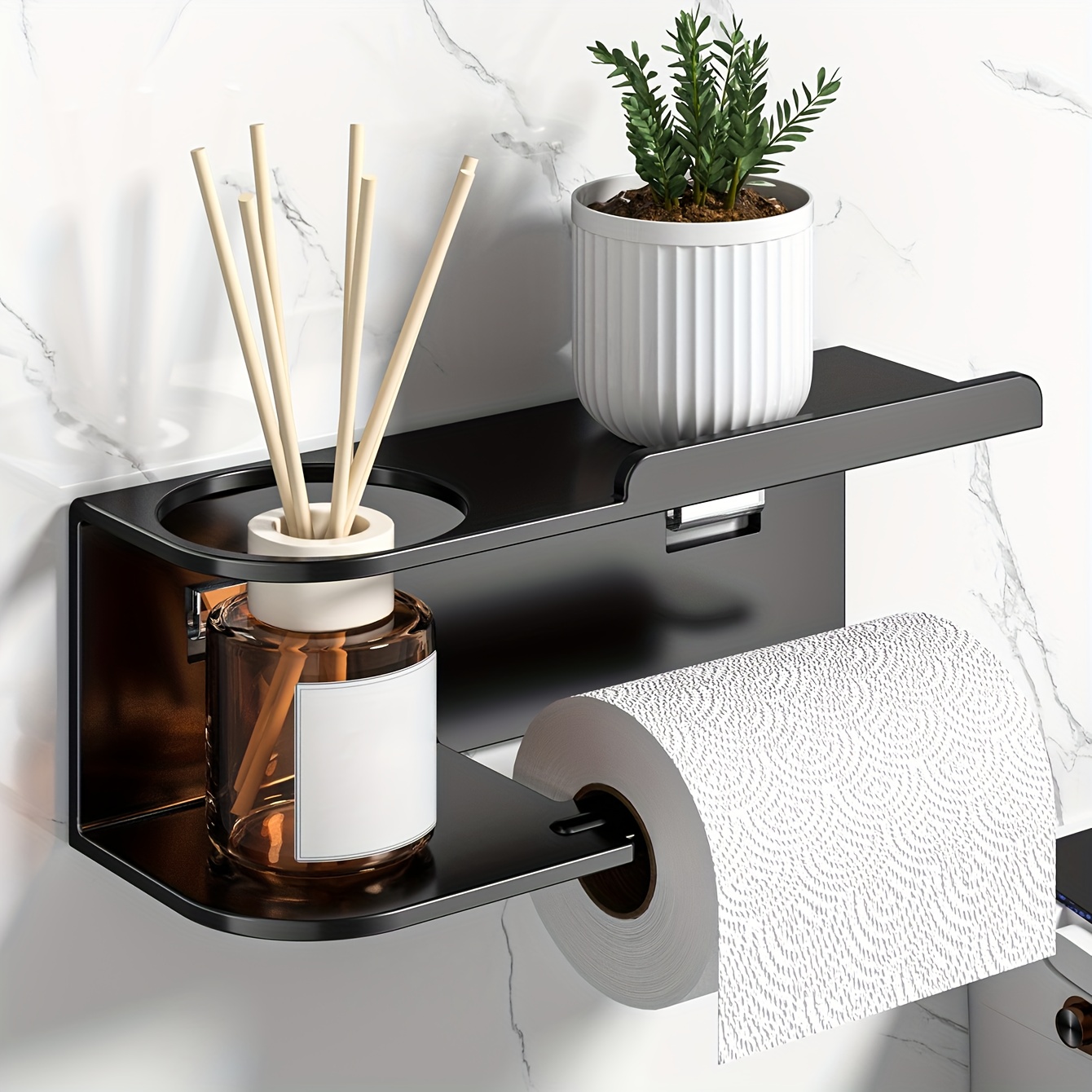 Image of 1pc Space- Modern Wall-mounted Toilet Paper Holder With Phone Shelf - Matte Black Corrosion-resistant Bathroom Shelf Suitable For Small Bathrooms, Holds Phone & Toilet Paper, , Minimalist Storage