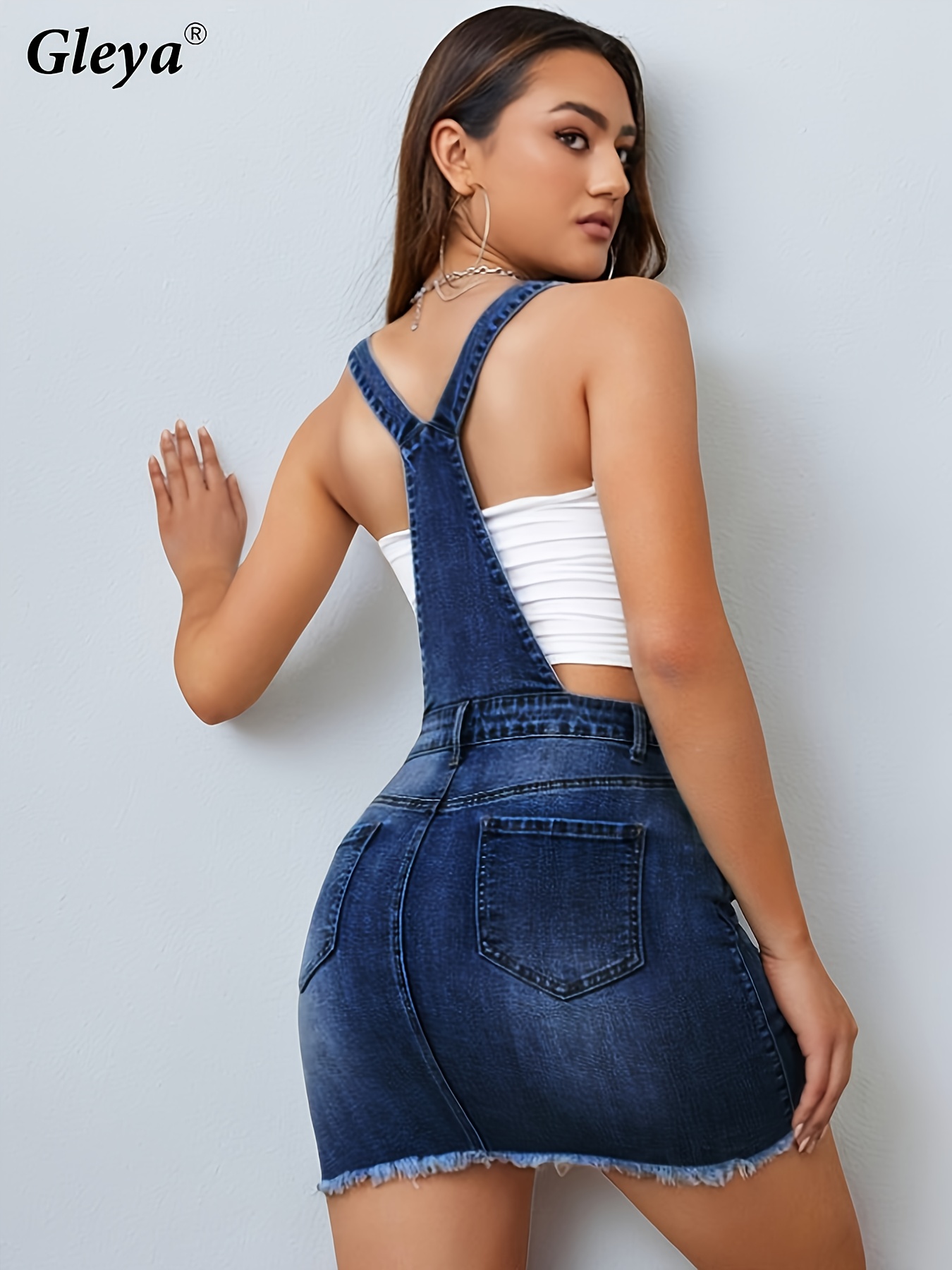 Women'S Stretchy Denim Overall Dress - Elegantly Fitted Design, Washed Blue  Color, Comfortable Casual Overall Dress, Suitable for Everyday Wear * ...