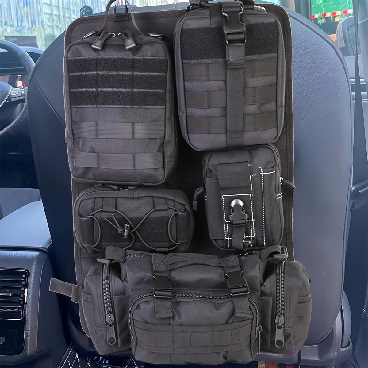 

Universal Tactical Seat Back Organizer, Car Seat Back Bag, Vehicle Panel Protector Organizer With 5 Different Size Detachable Molle Pouch, Fits For Jeep, Truck, Suv, Etc