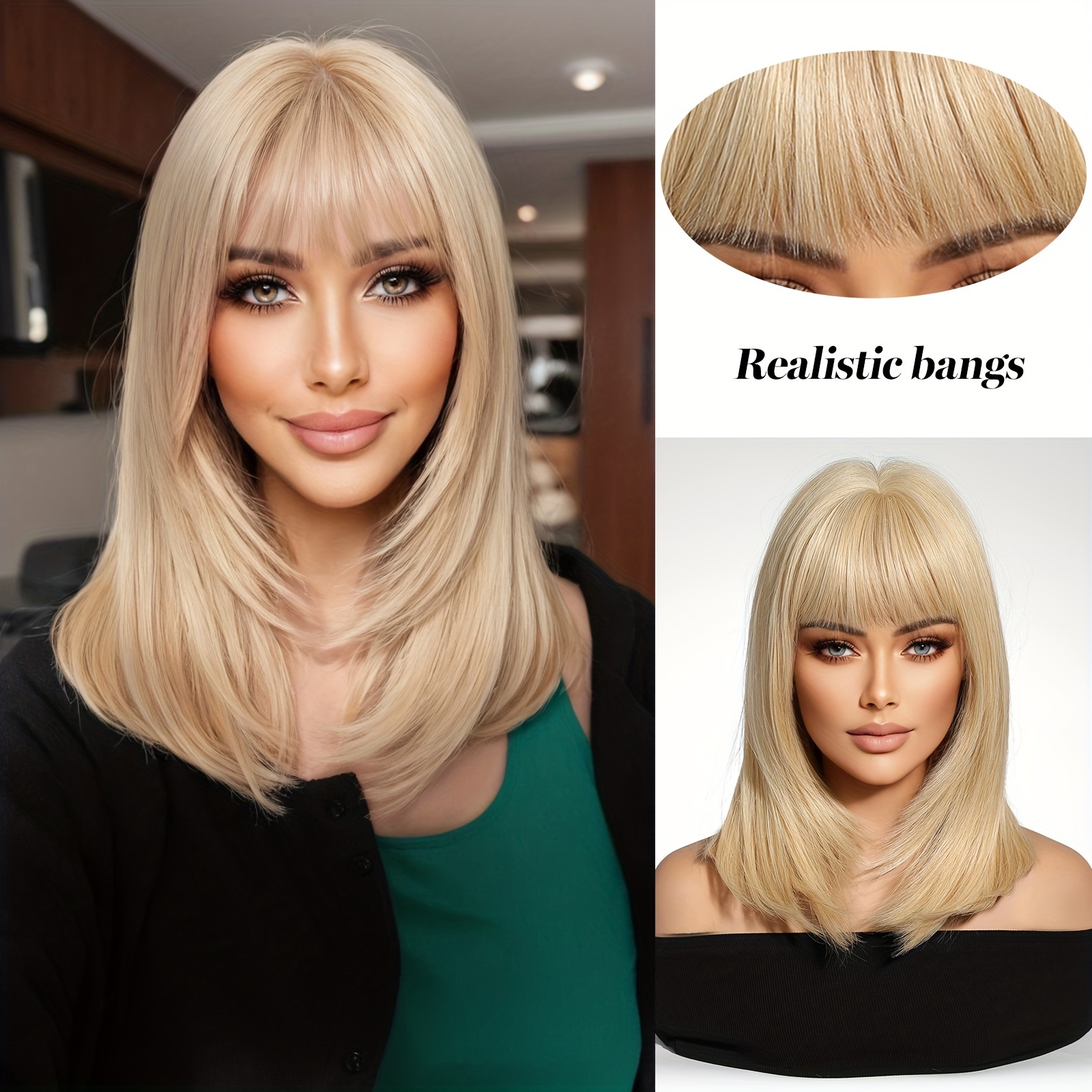 

Elegant Blonde Mid-length Straight Wig With Bangs For Women - Coverage, 150% Density, Heat Resistant Synthetic Hair, Cap, Realistic Bangs, Age-reducing Style, Hair Wig