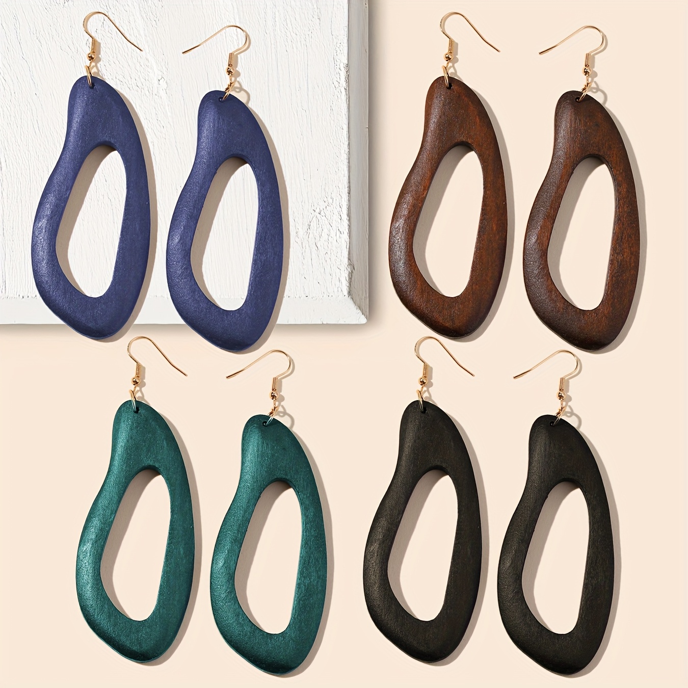 TEMU 4 Pairs/set, Pastoral Vacation Minimalist Wooden Earrings