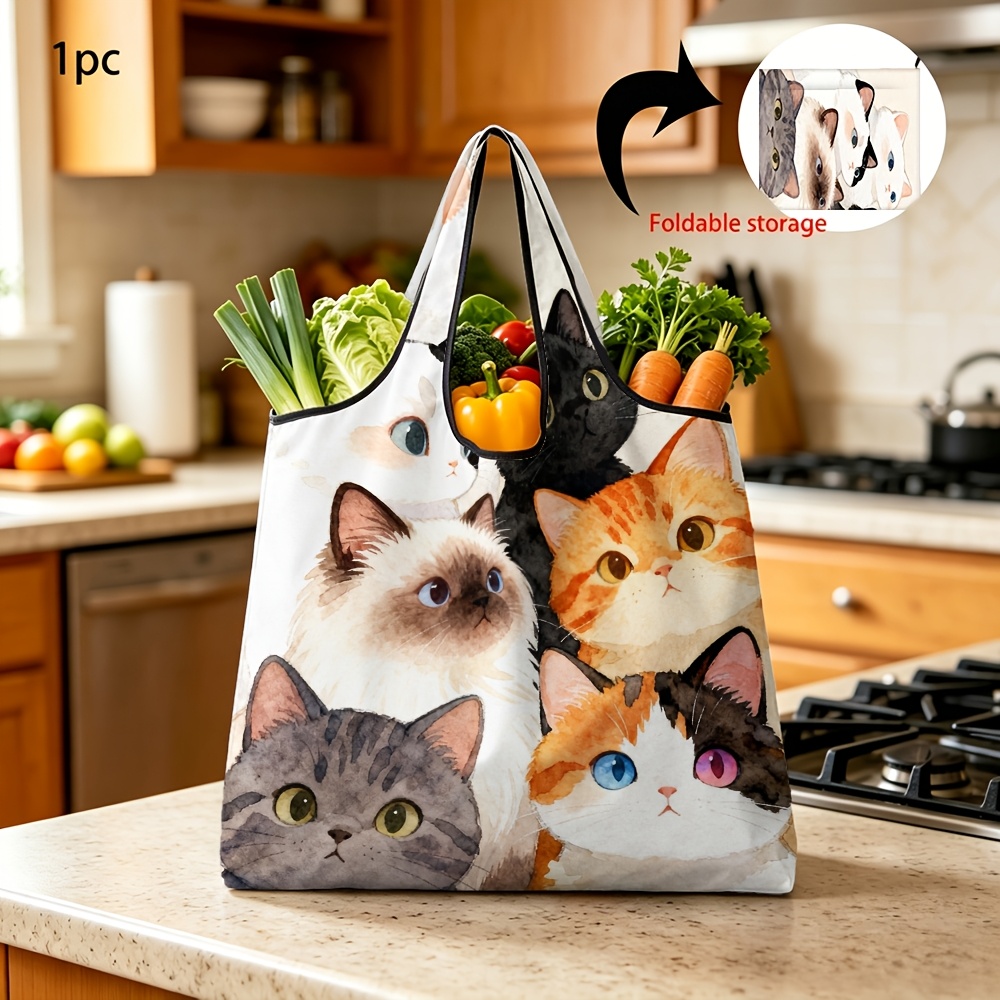 TEMU 1pc Reusable Portable Shopping Bag With Cute Cats Print Foldable Daily Grocery Storage Bag