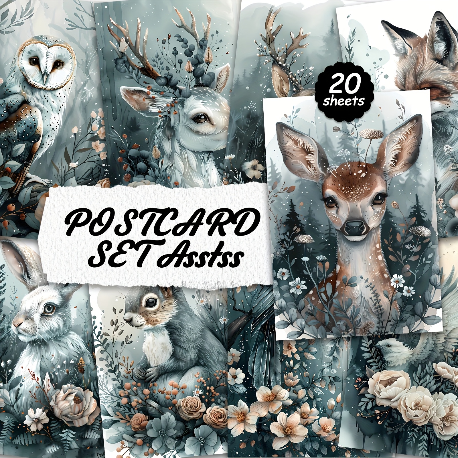 TEMU Set Of 20 Grey Animal Postcards For Cardboard Writing, Smooth Surfaces, English Scrapbooks, Rubbish Diaries, Crafts, Greeting Cards, Holiday
