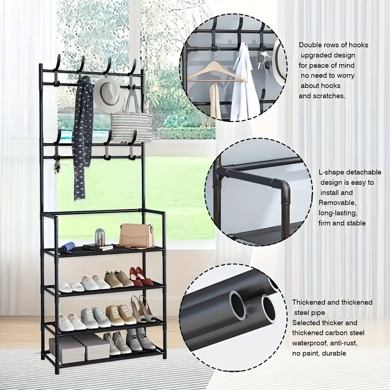   elegant black metal entryway organizer 60 xmj coat rack with hooks shoe shelves   alloy   finish for clothes hats bags umbrellas easy to assemble home storage solution details 5