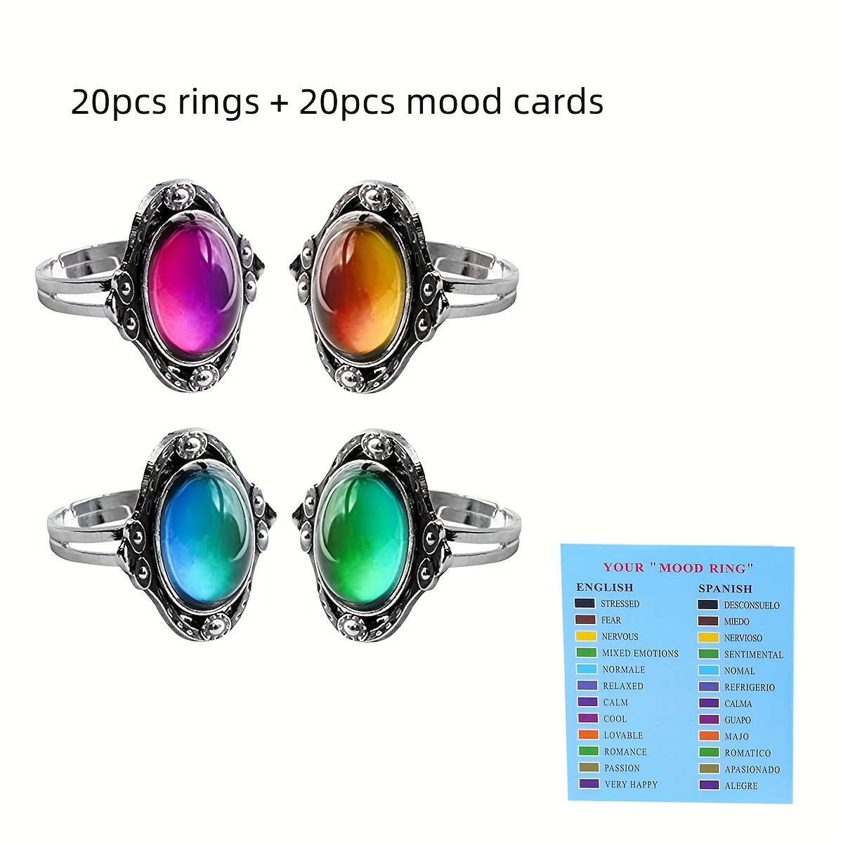 

Us 20pcs Mood Rings + 20pcs Mood Cards For Men Women Jewelry Vintage Mood Color Changing Ring Boho Rings Colorful Adjustable Rings Set