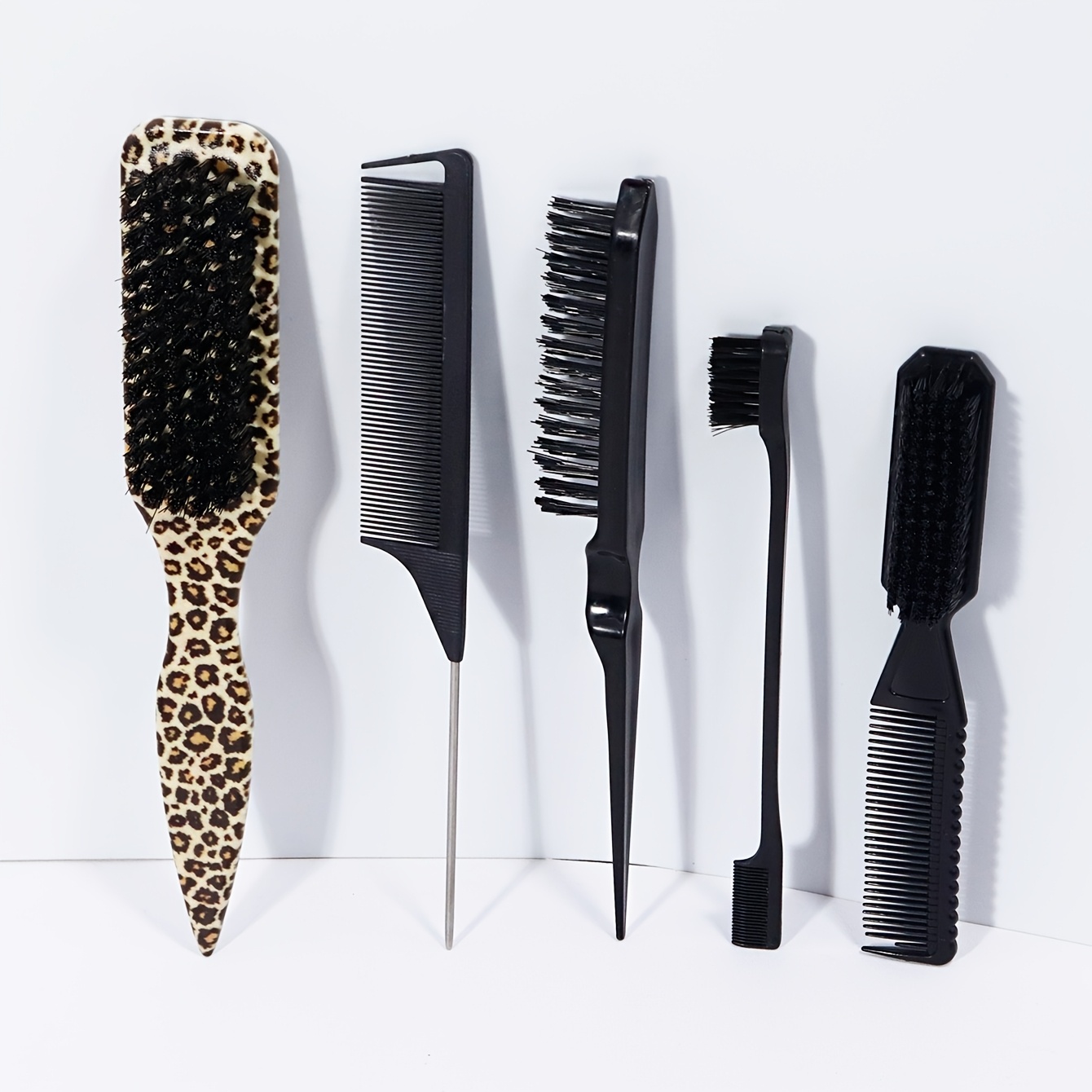 TEMU 5pcs Hair Styling Comb Set - Leopard Print Styling Cleaning Brush, Nylon Bristle Straight Hair Comb, Pointed Tail Hair Comb, Dual Head
