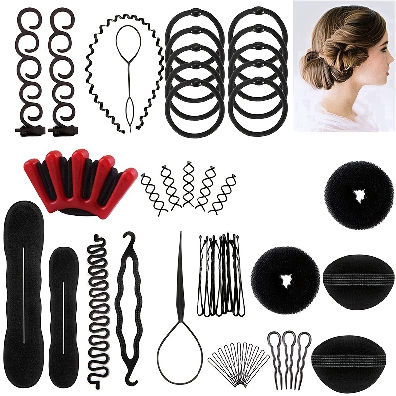 Temu – TEMU 53pcs Hair Styling Set For Braiding & Bun Making, Including Hair Braiders, Clips, Donut Bun Makers, Hair Loop Tools, Flower Bun , Braid Makers
