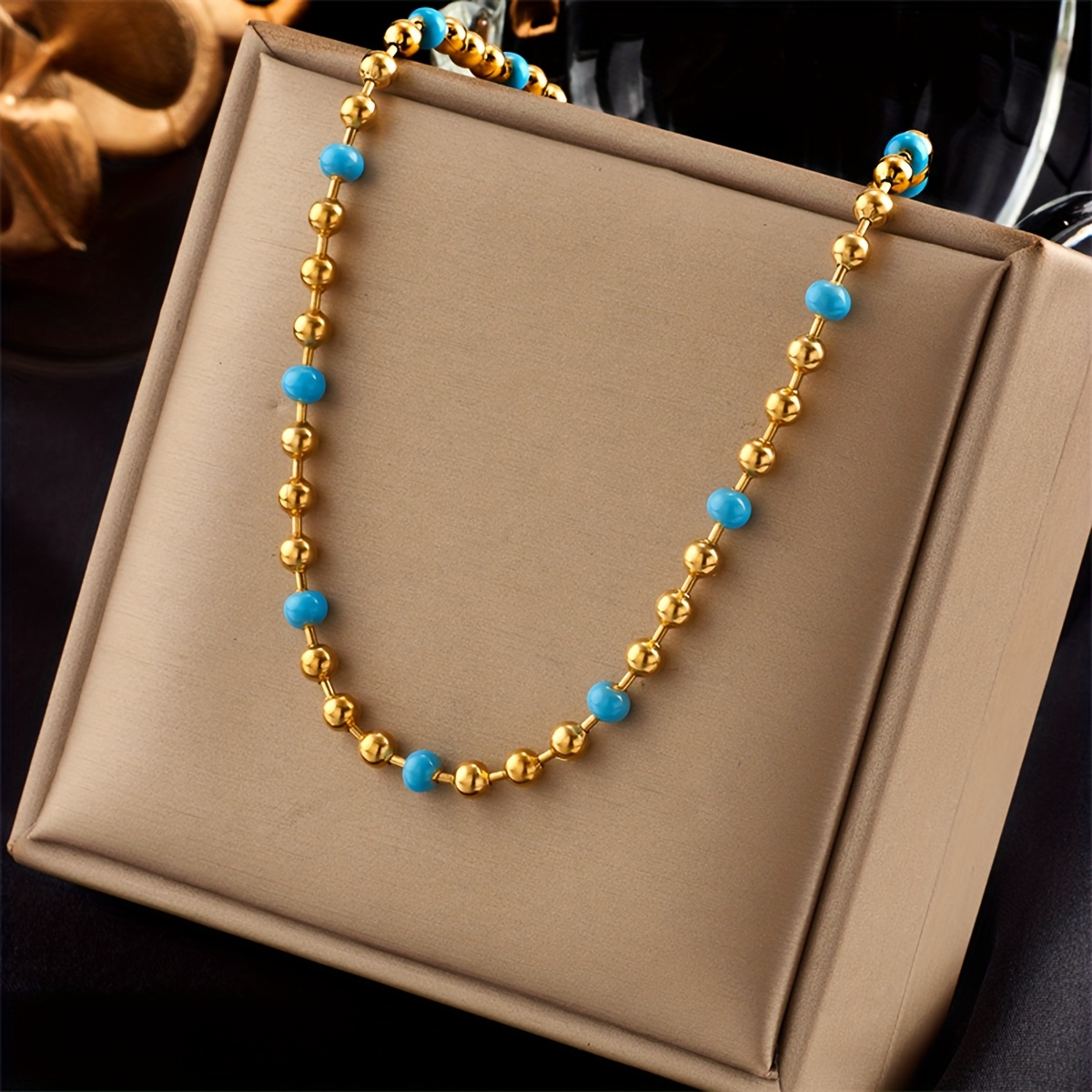 Image of French Retro Easy Personalized Fashion Golden Stainless Steel Golden Bead Necklace For Women