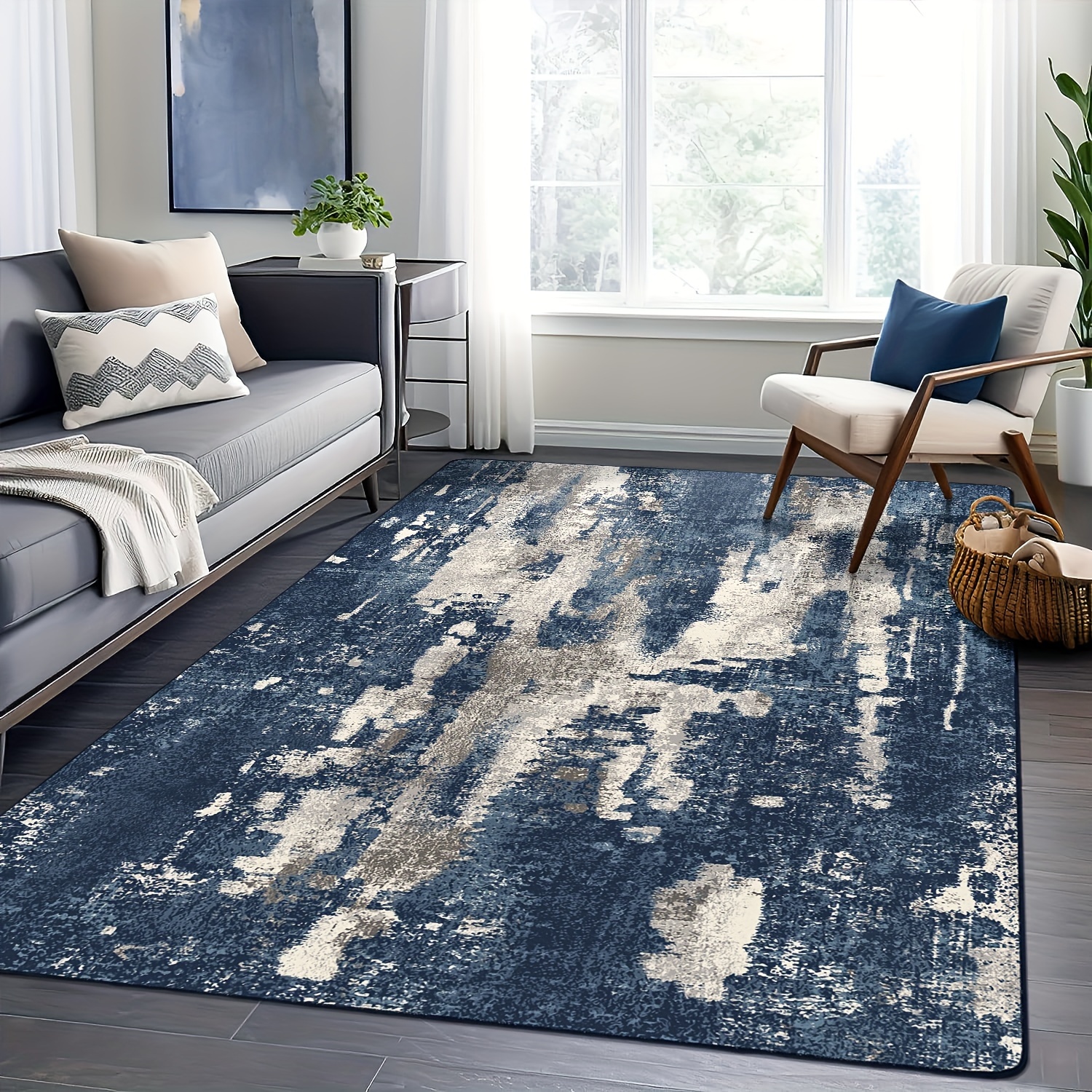 

Area Rugs For Living Room Washable Modern Abstract Soft Large Blue Throw Rugs With Non Slip Backing, Floor Carpet For Dining Room