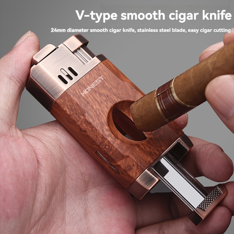 (Fuel Not Included) Cigar Lighter, Torch Lighter With V-shaped Cigar Cutter, Built-in Cigar Clip, Visible Air Window, Cigar Torch Lighter, Cool Lighter Suitable For Candles, Dual Windproof Jet Flame, Integrated Torch Cigar Lighter With Double Flame