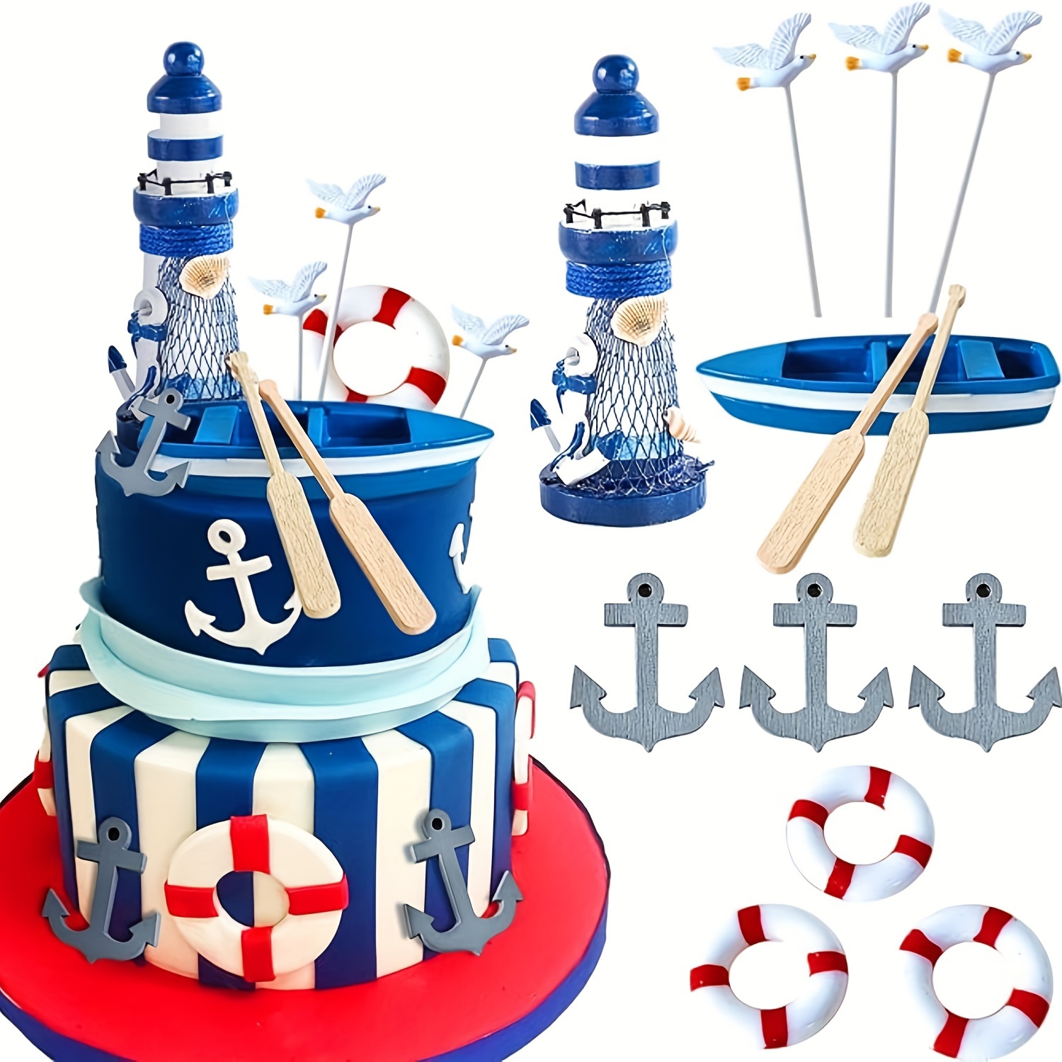 Image of Laventy 11pcs Nautical Cake Topper Baby Shower Nautical Cake Decoration Wedding Bachelorette Engagement Party Supplies Nautical Party Supplies Favors