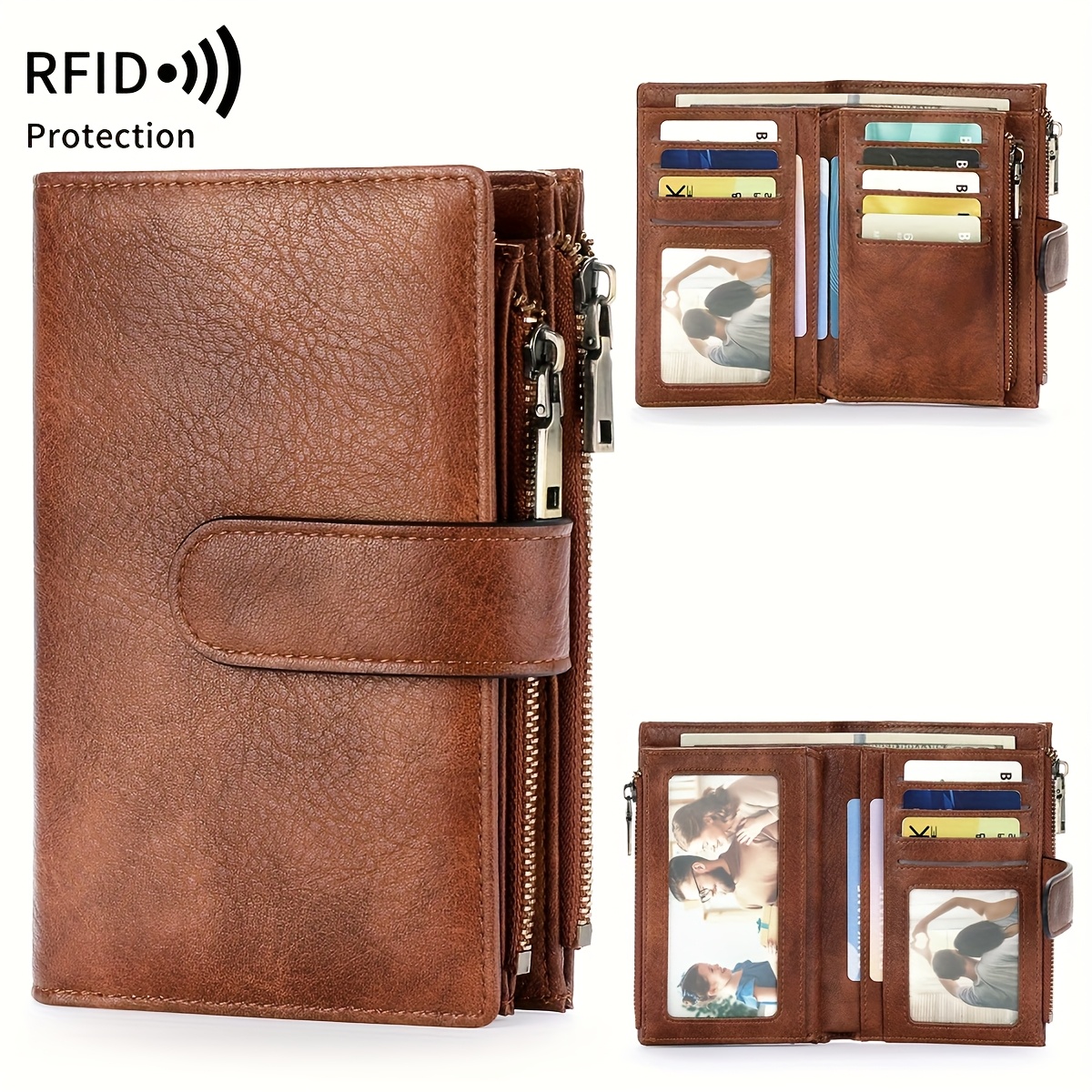 Image of Rfid Blocking Vintage Double Zipper Short Wallet, Multifunctional Large Capacity Women's Bifold Credit Card Holder And Handbag