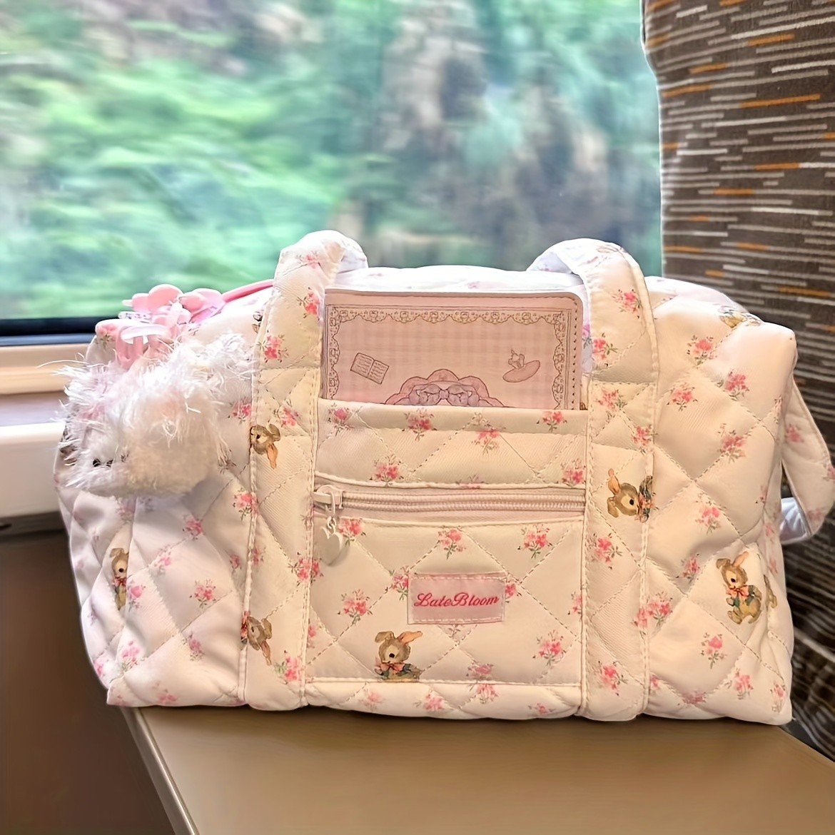 

Sac à bandoulière décontracté à fleurs pour femme, fourre-tout en polyester avec broderie, grand sac de voyage léger de grande avec bretelles fixes et fermeture à glissière