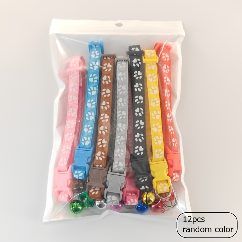 Image of 6pcs/12pcs Pet Collars In Multiple Colors With Printed Footprints (random Color), Featuring Bell Collars And Cat Decorations, Suitable For Cats, Without Battery