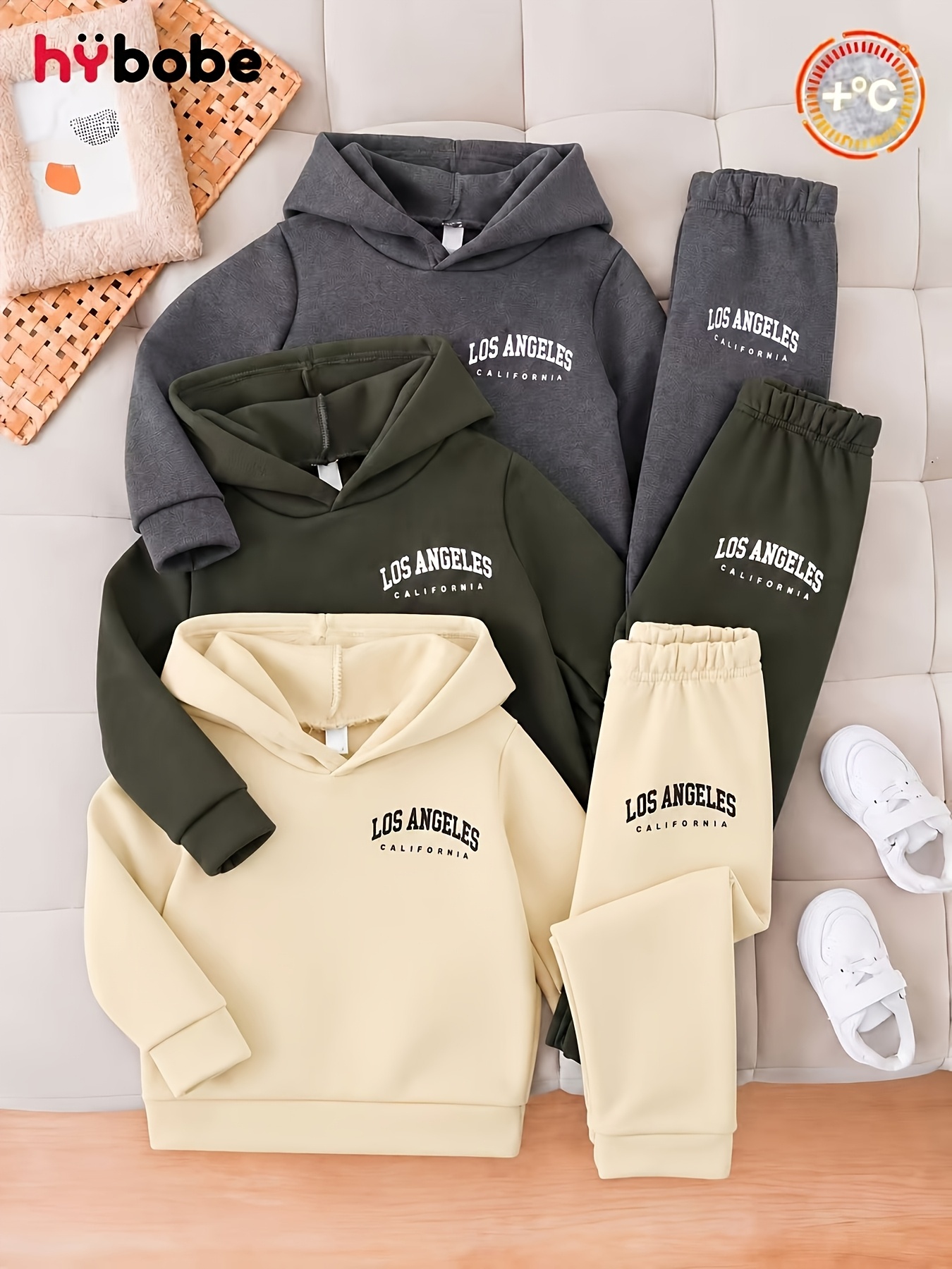 6pcs autumn   gray and green and   pattern fashionable individual trendy round neck warm top and pants 2pcs set gray and green and black warm comfortable trendy hooded top matching gray and green and black pants 2pcs