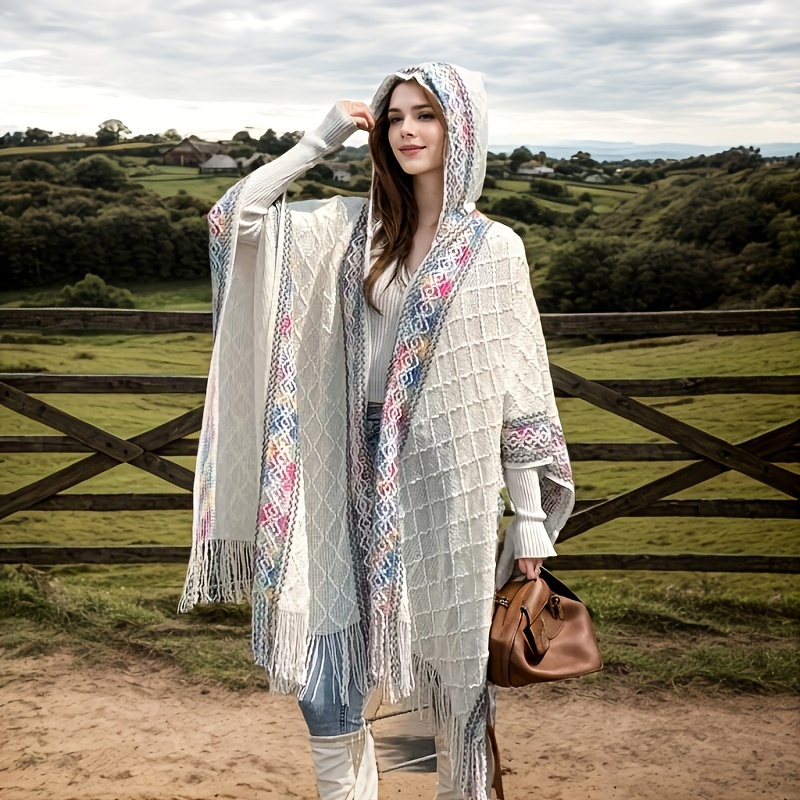 

Bohemian Style Polyester Knit Shawl Wrap - Vintage Wave Pattern, Autumn Winter Warm, , Travel & Photography Suitable, Hand-washable Fashion Cape, Ideal Christmas Gift