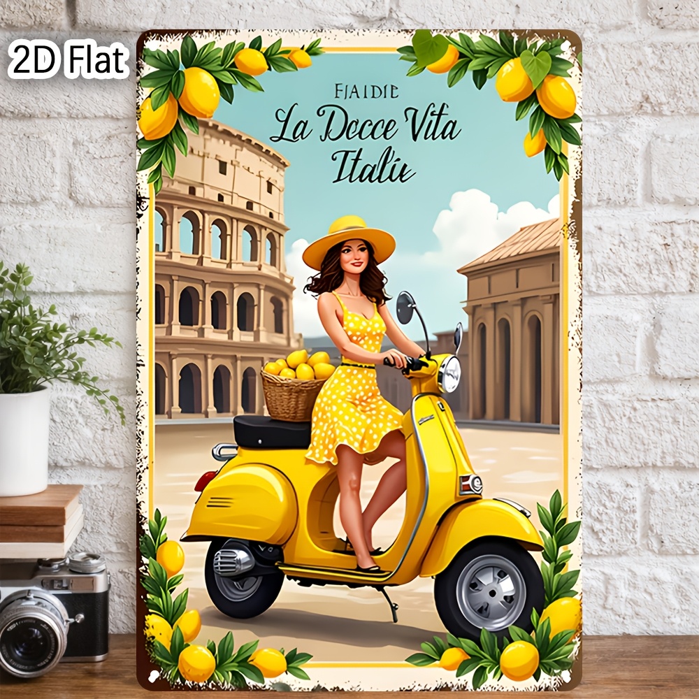 TEMU Panneau Métal Plat 2D, 1pc La Vita Italia Fille au Citron sur Trottinette - Thème Citron Italien Vintage, Panneau en Laiton Durable Adapté pour