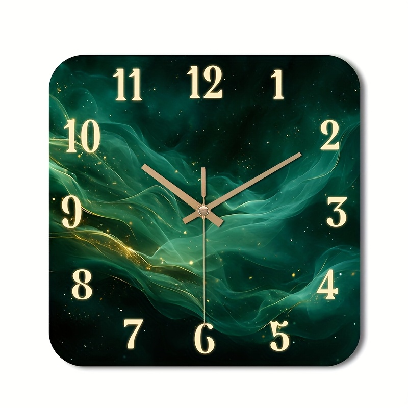TEMU () 1pc Silent Wall Clock Non-ticking Wooden, Decorative Square Clock Hd Glossy Lamination Finish Abstract Swirl With Glowing Numbers. Design For