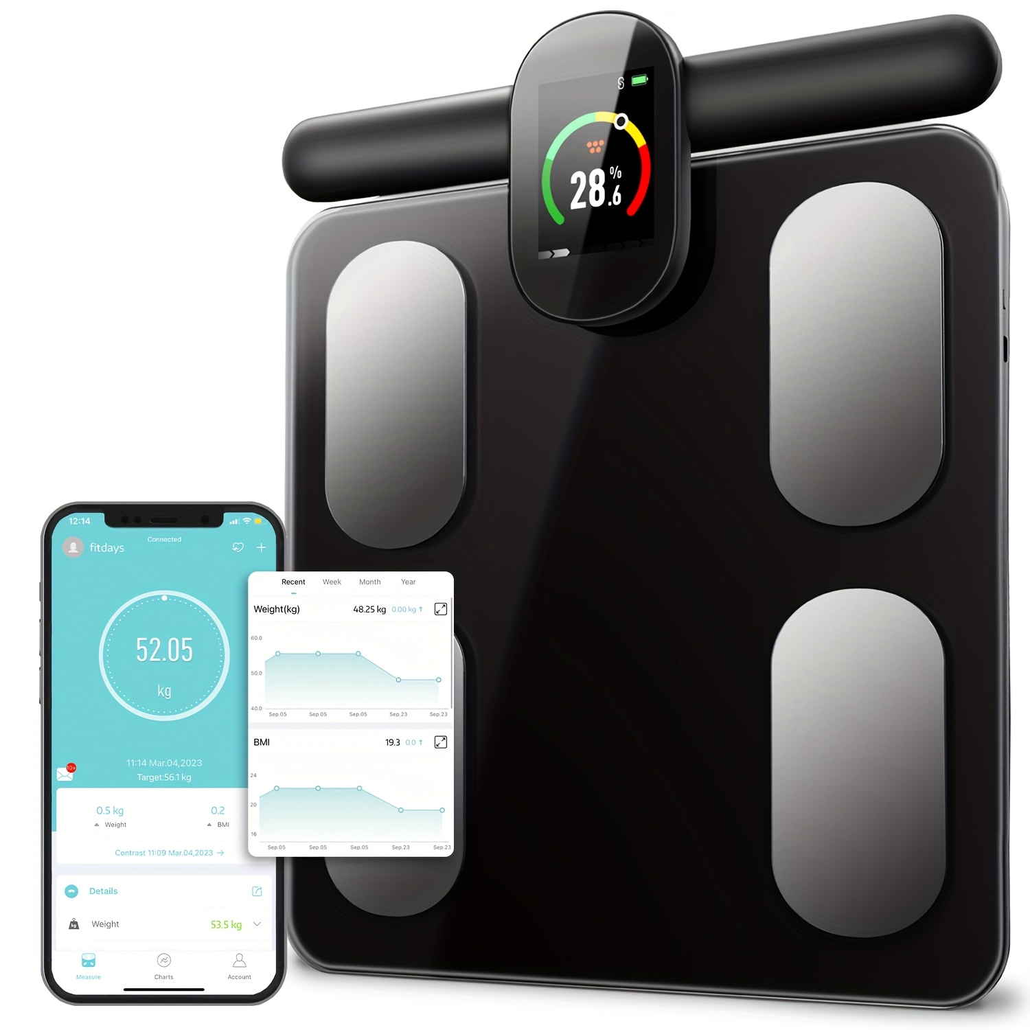 무선 및 앱 제어 기능이 있는 스마트 무선 욕실 체중계, 8개 전극 디지털 디자인, 400lbs 용량, led 디스플레이, 세련된 블랙 모던 스타일, 체중 및 bmi 측정, 스마트폰과 실시간 추적 동기화, 욕실 가제트