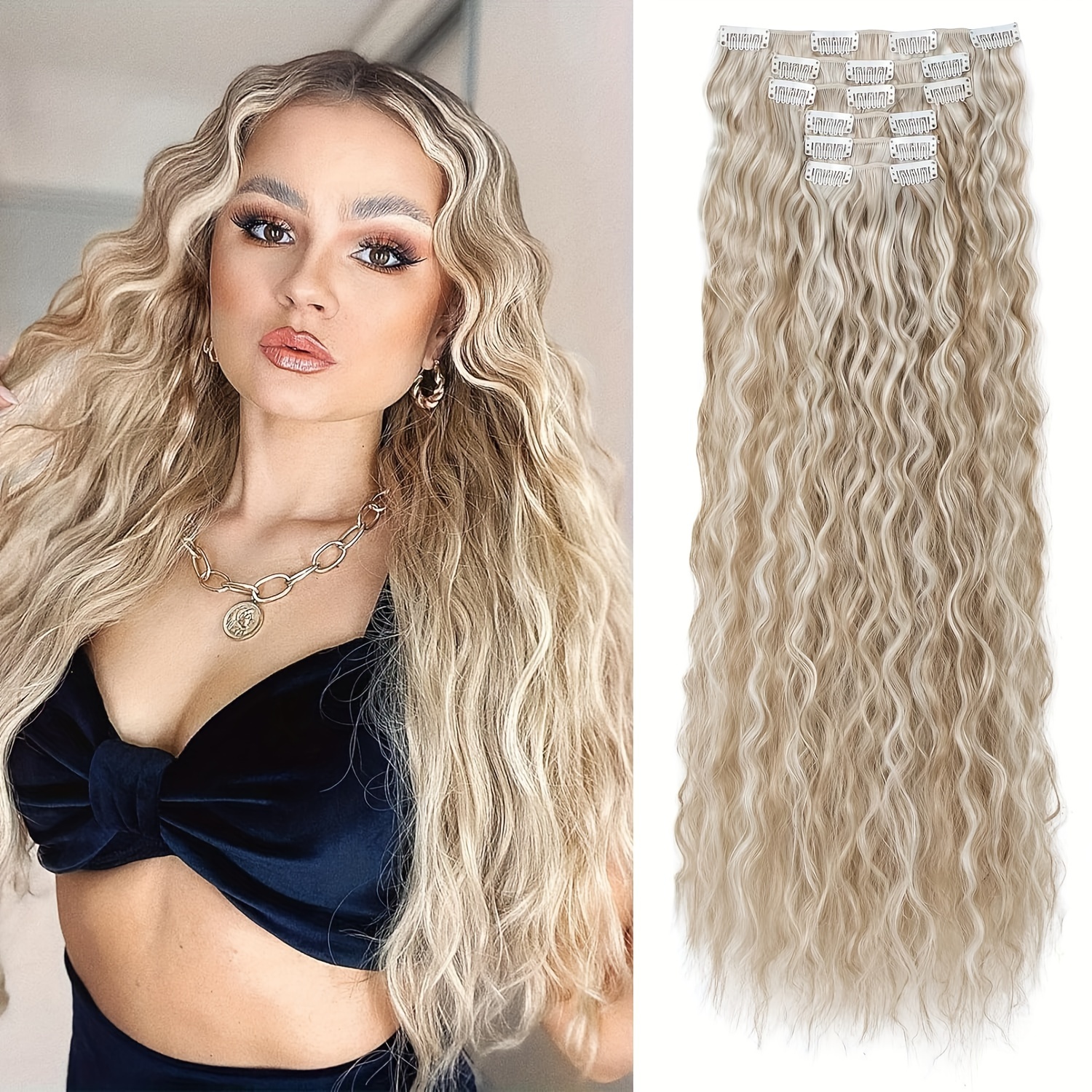 6pcs luxurious 24 inch blonde clip in wavy hair extensions for women   synthetic   friendly   coverage with elegant white diamond accents ponytail hair extensions details 0