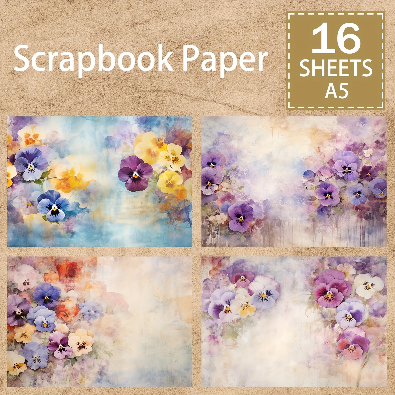 

16 Sheets A5 Vintage Floral Scrapbook Paper, Purple Pansy Flower Background Decorative Diy Planner Cardstock Material