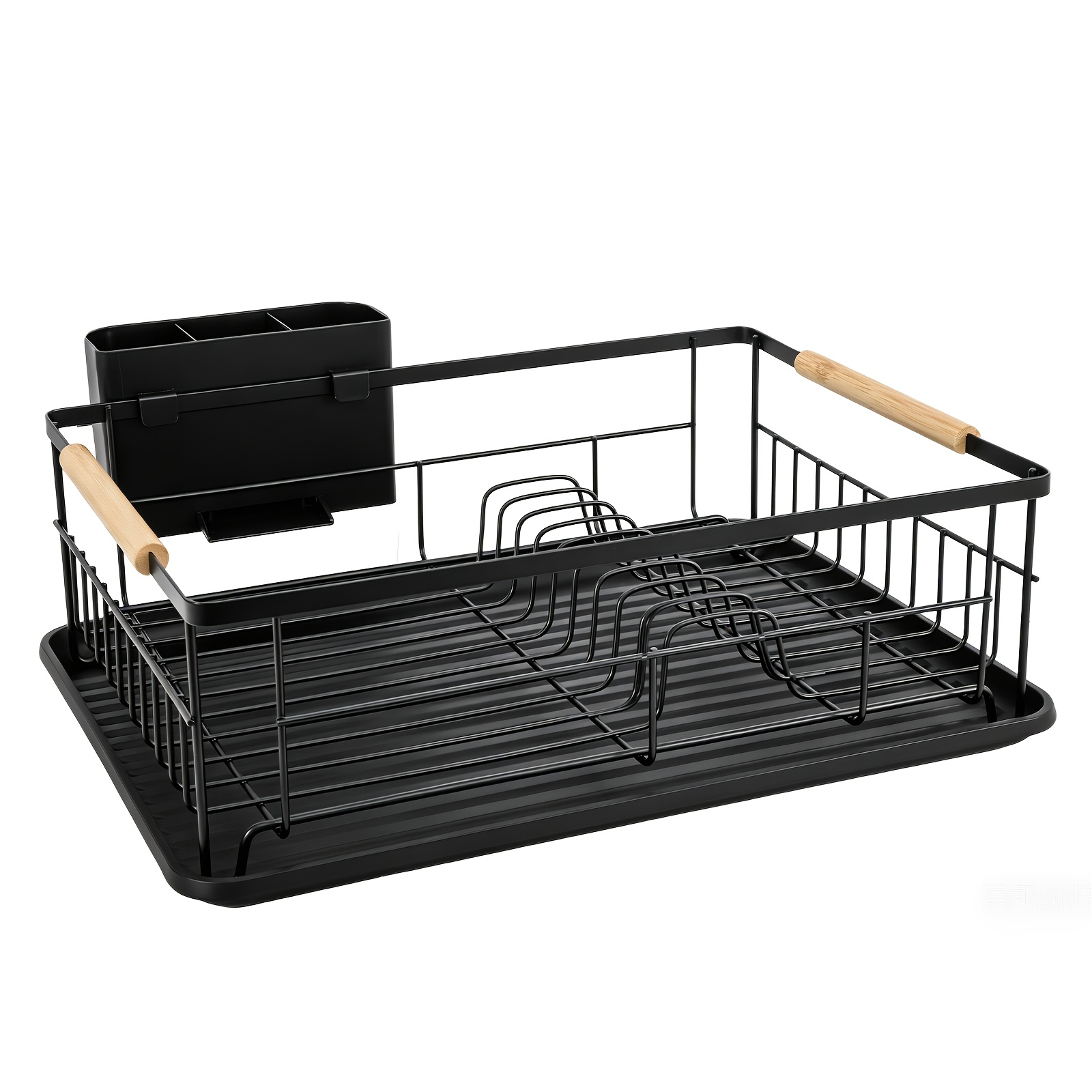 Sekey Dish Drainer With Wooden Handle - Space- Drainer With Cutlery Tray, Black And Rustproof, Compact Sink Organizer For Kitchen Countertop