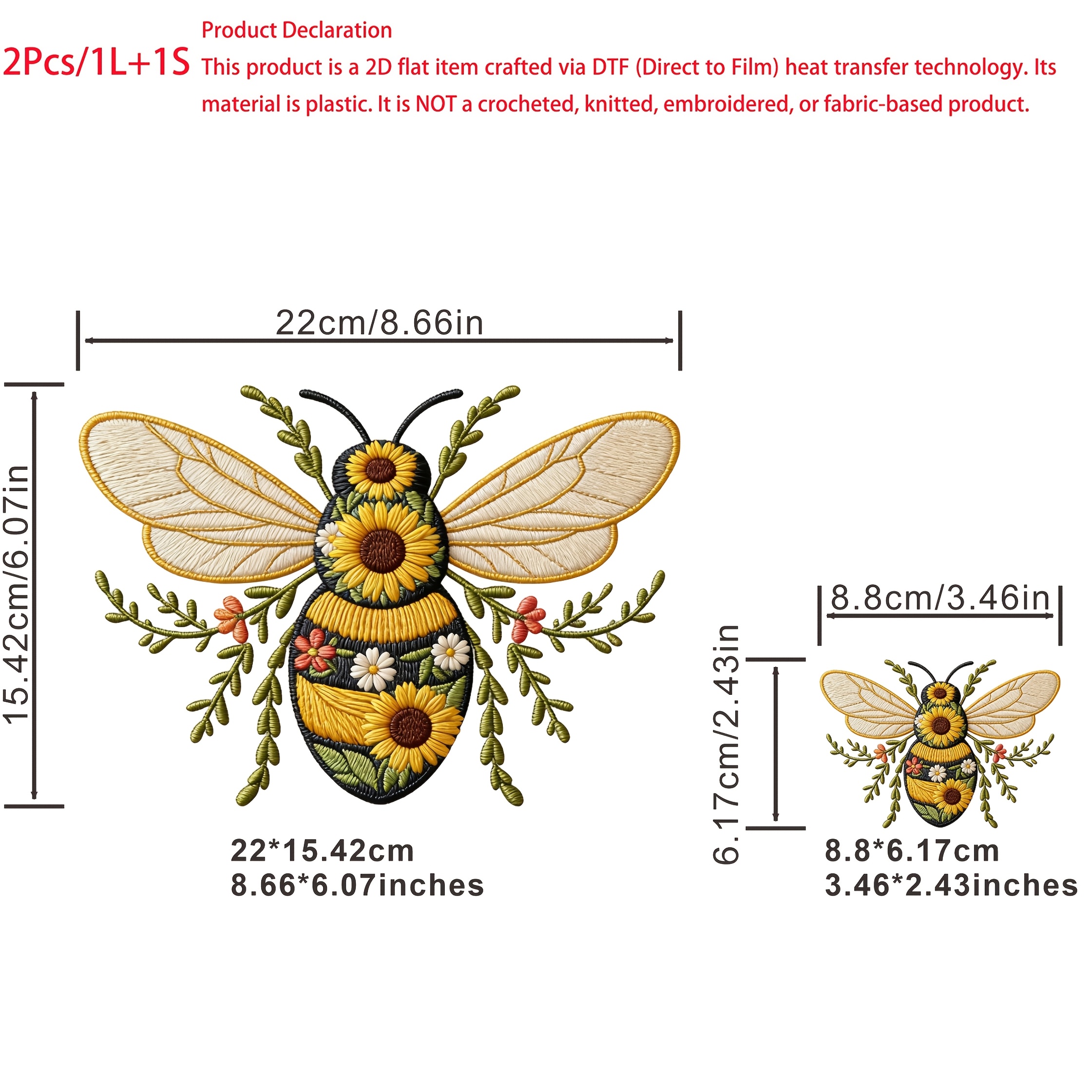 TEMU 1pc/2pcs/3pcs 2d Flat Yarn Crochet Spring Sunflower Bee Patch Dtf Transfer Film Washable Heat Transfer Printing For Women/men Clothing,t-shirts,