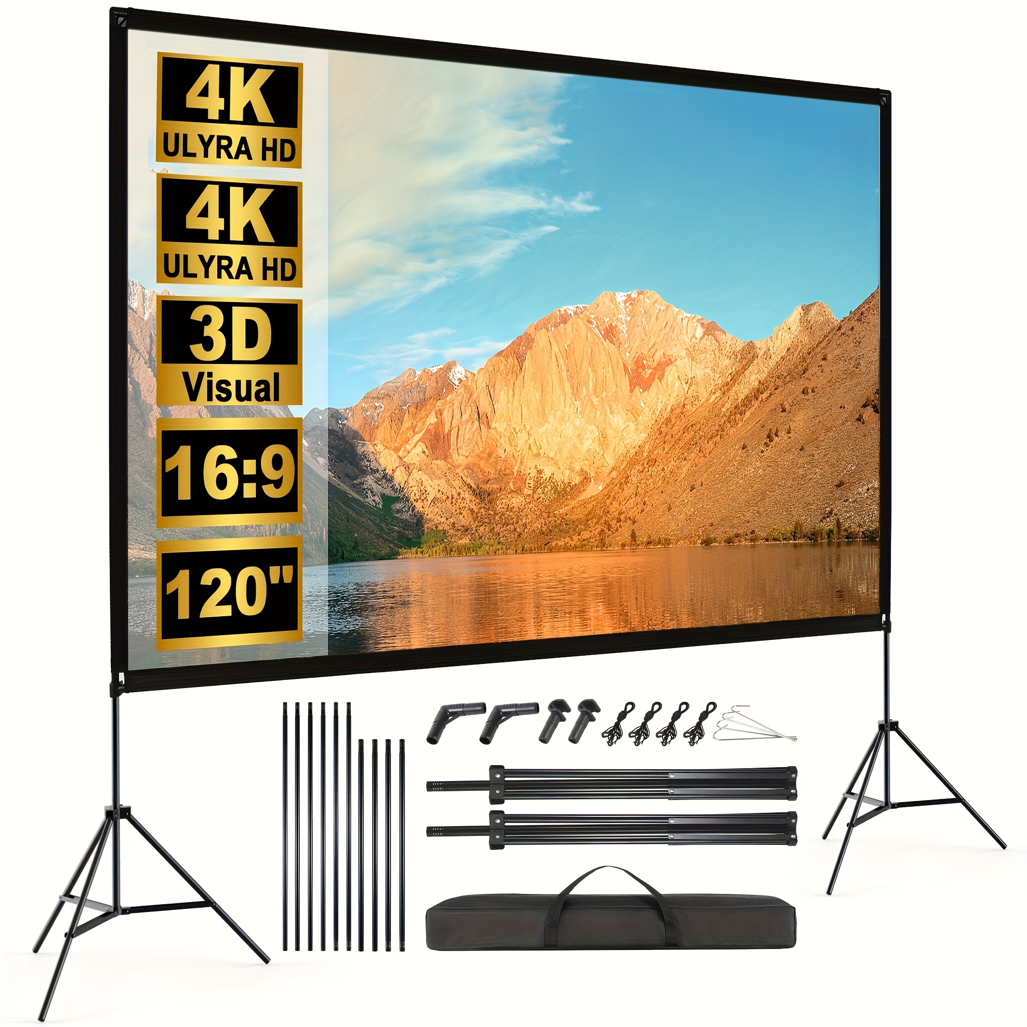E-shop 120 Zoll Projektorleinwand mit Ständer, 16:9 4K HD Tragbare Projektorleinwand Innen- und Außenbereich, Faltbare Knitterfreie Filmleinwand 160