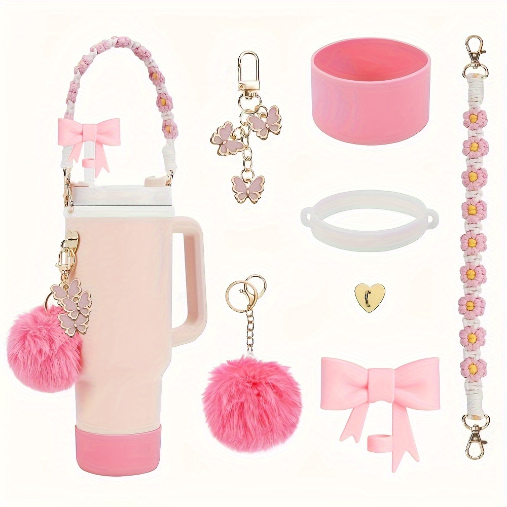 

7pcs Cup Accessories Set For 40oz & 30oz Cups, Pink Silicone Cup Boot, 10mm Bow Straw Cover Cap, & Charms, Valentine's Day, , Day, Thanksgiving, Christmas, Sports & Outdoor Accessories