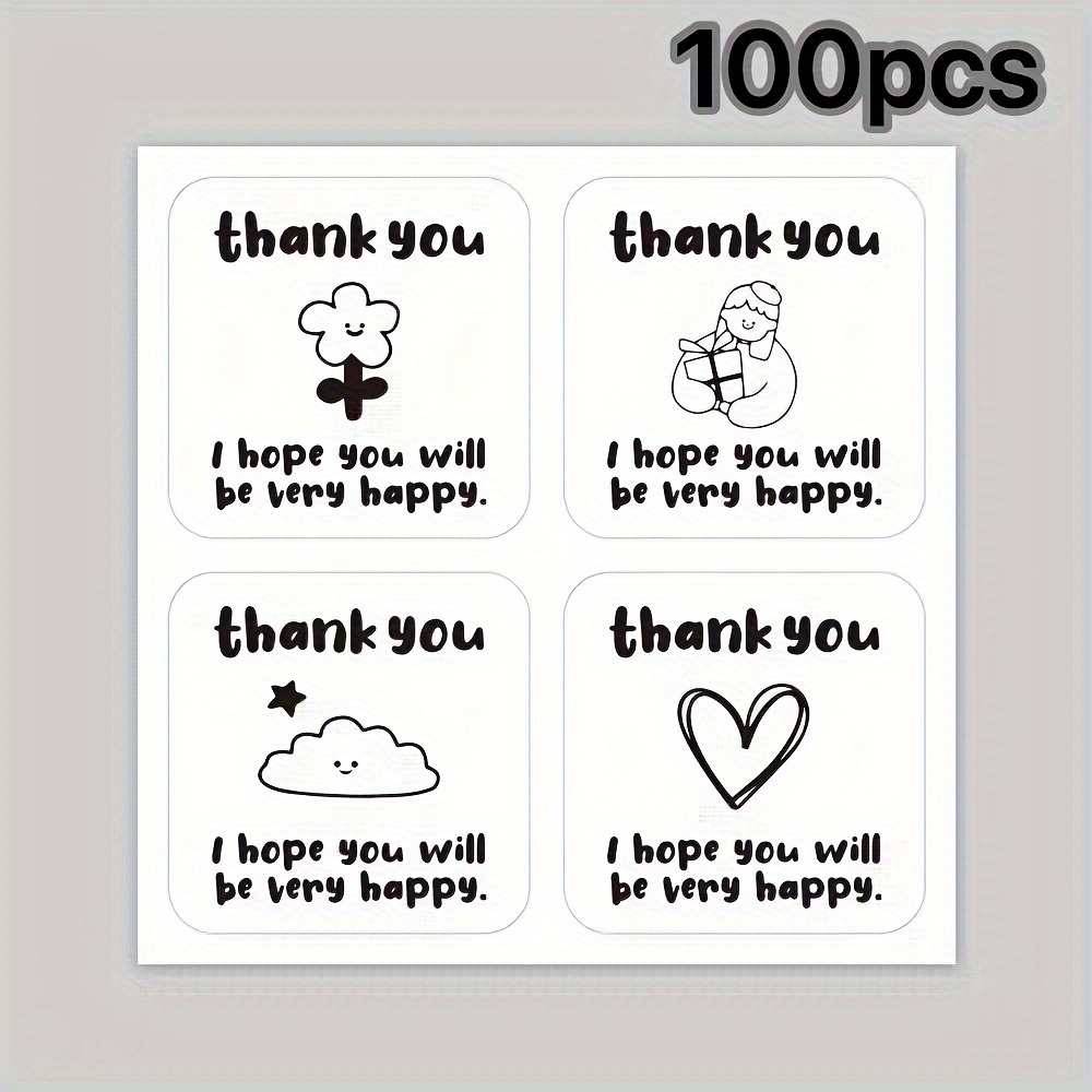 Image of 100 Stickers/pack, Cute Black And White Square Stickers, Gift Box Stickers, Sealing Stickers, Takeout Packaging Thank You Stickers