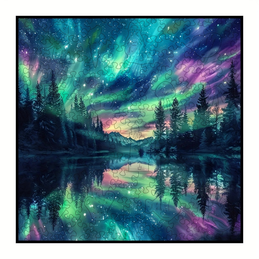 

Challenging Wooden Puzzle – Vibrant Night Sky & Lake Scenery, Family & Company , Jigsaw With Starry & Snow-capped Mountains